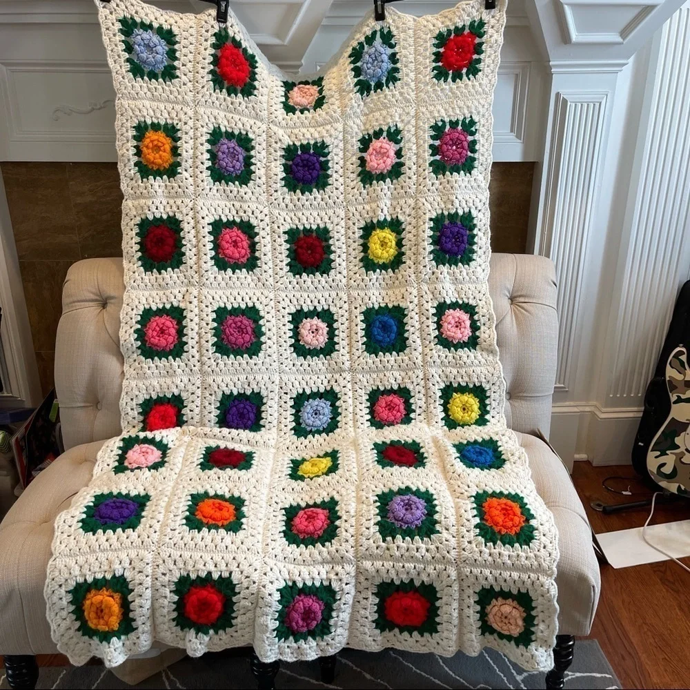 Handmade Crochet 3-D Flower Throw Blanket